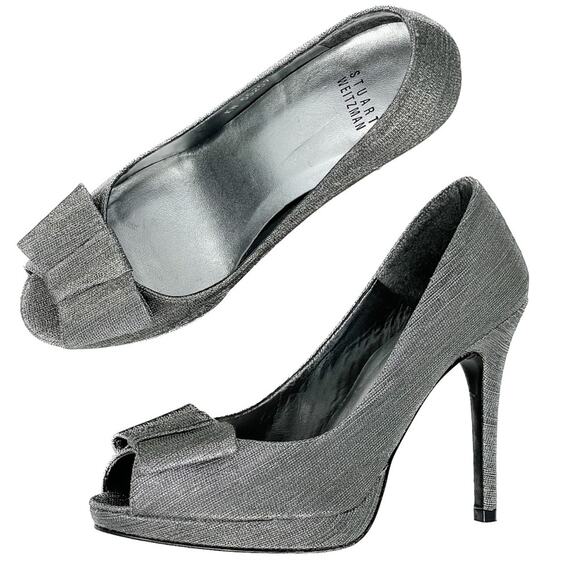 Stuart Weitzman silver pewter Bowright peep toe bow platform pumps size 8 - Picture 16 of 16